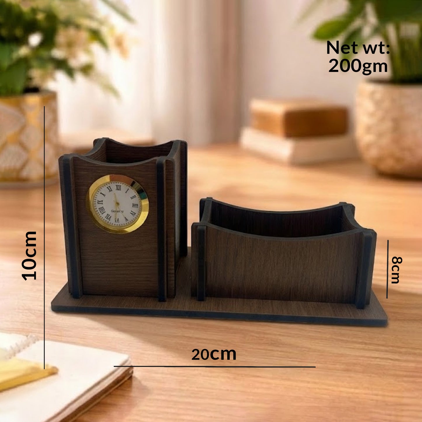 Wooden Desk Organizer with Clock | Premium Pen Stand & Office Table Organizer with Card Holder