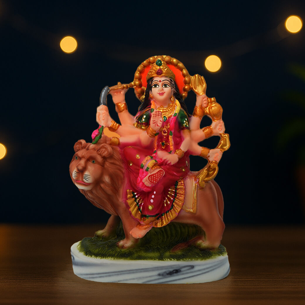 Marble Maa Durga Idol Red Color | Handcrafted Durga Mata Murti for Home Temple & Gift (10 cm x 8 cm, 180 gm)