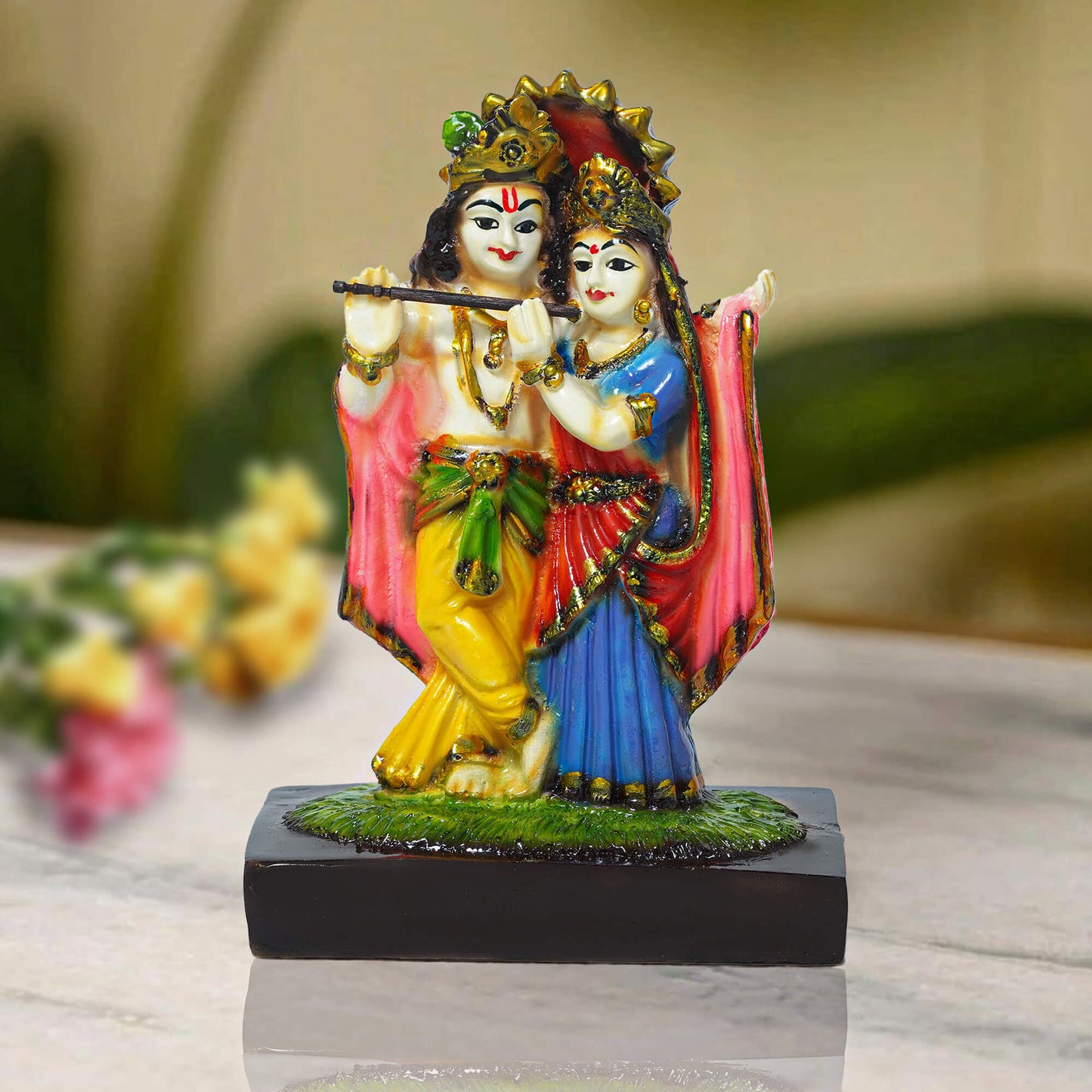 Marble Radha Krishna Idol Multicolor | Handcrafted Colourful Murti for Home Temple, Décor & Gift (16 cm, 320 gm)