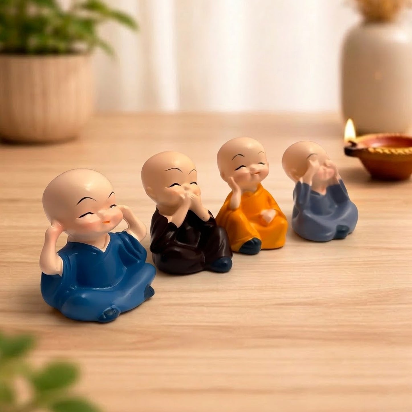 Monk Showpiece with Bells | See No Evil Hear No Evil Speak No Evil Think No Evil | Premium Home Décor Gift