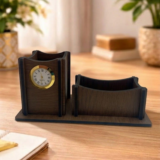 Wooden Desk Organizer with Clock | Premium Pen Stand & Office Table Organizer with Card Holder