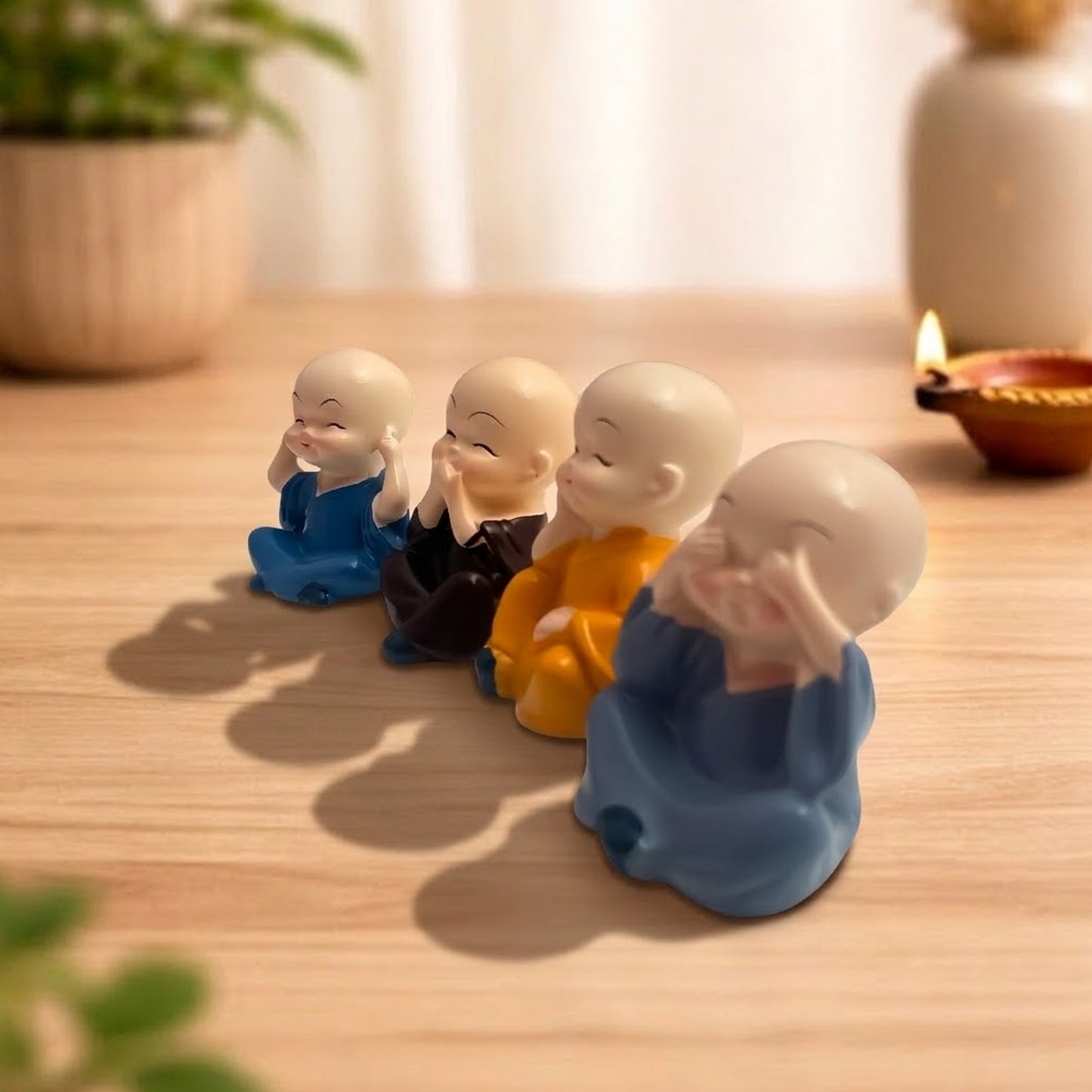 Monk Showpiece with Bells | See No Evil Hear No Evil Speak No Evil Think No Evil | Premium Home Décor Gift