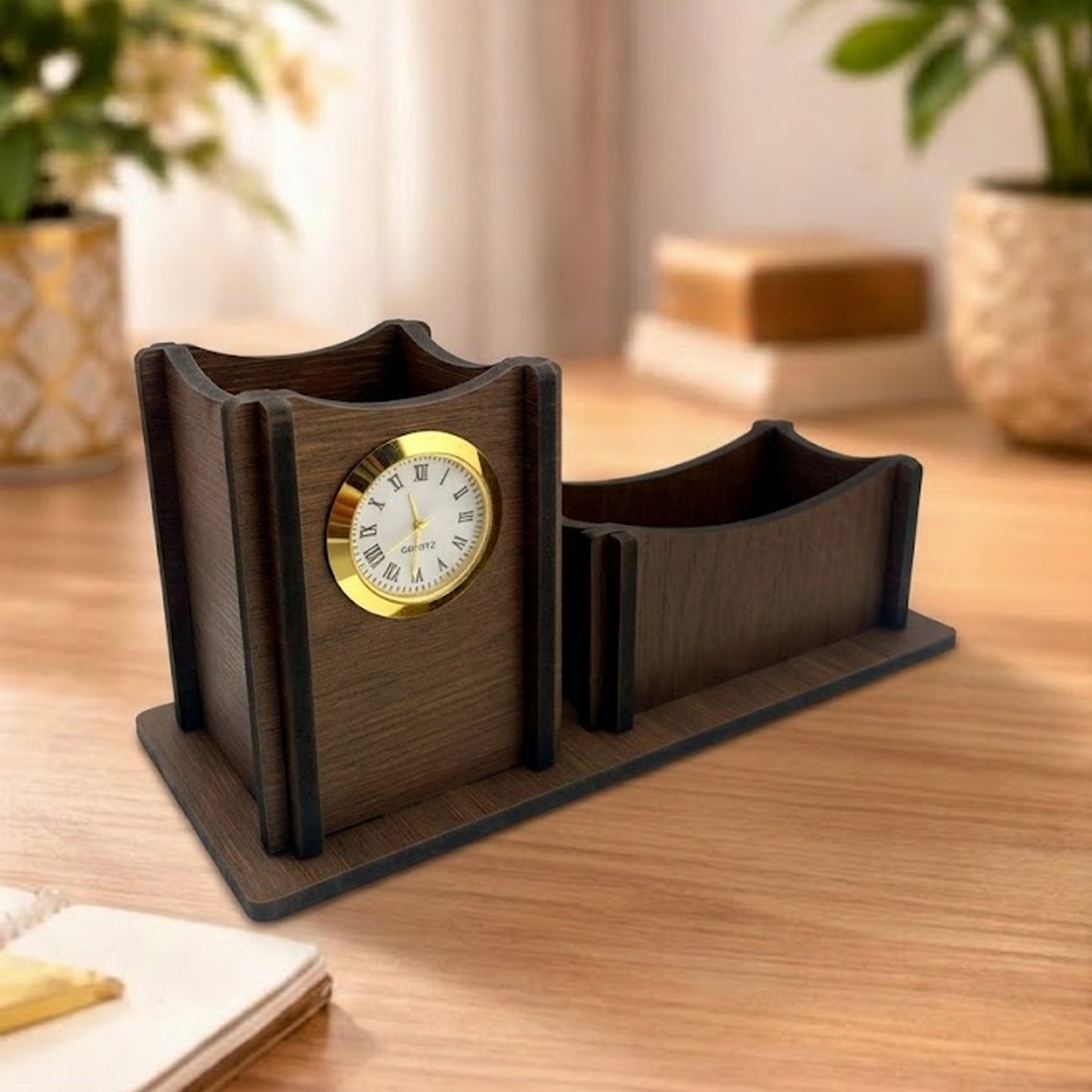 Wooden Desk Organizer with Clock | Premium Pen Stand & Office Table Organizer with Card Holder