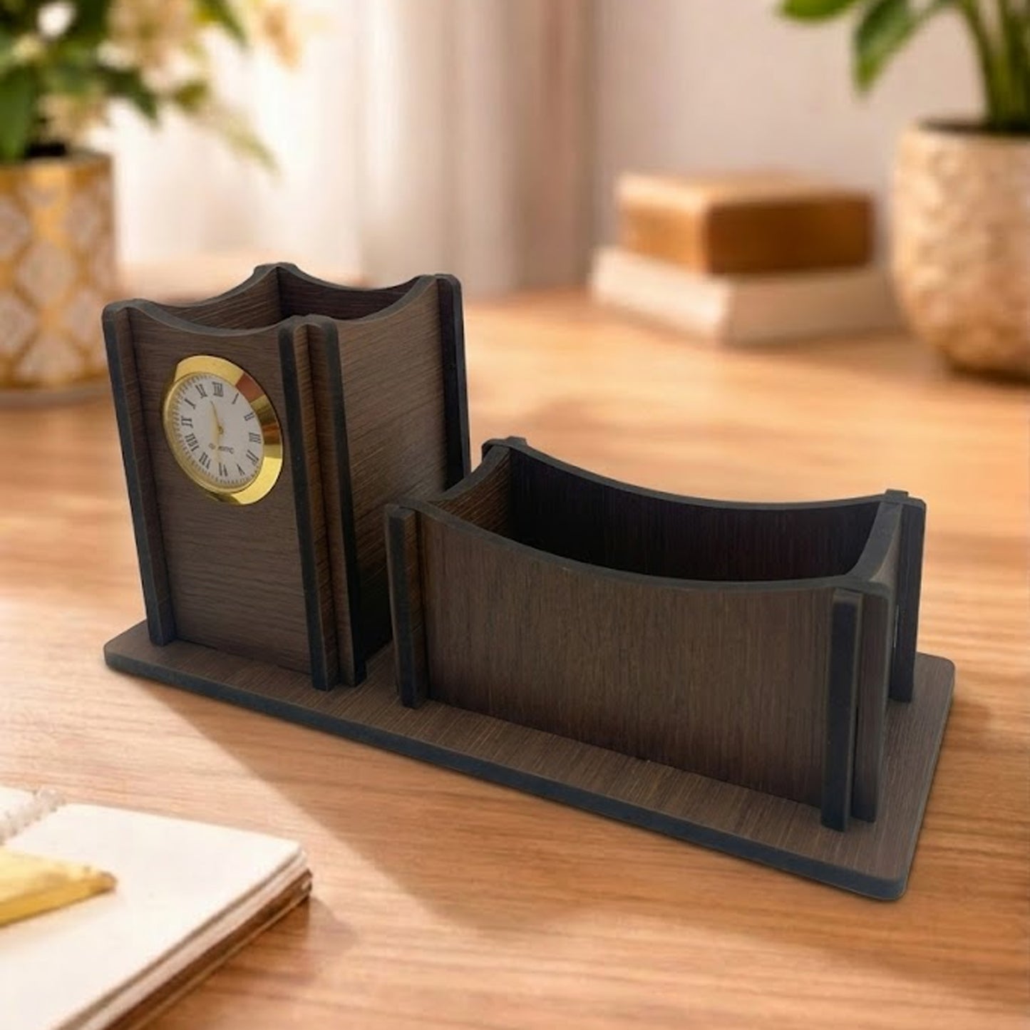 Wooden Desk Organizer with Clock | Premium Pen Stand & Office Table Organizer with Card Holder