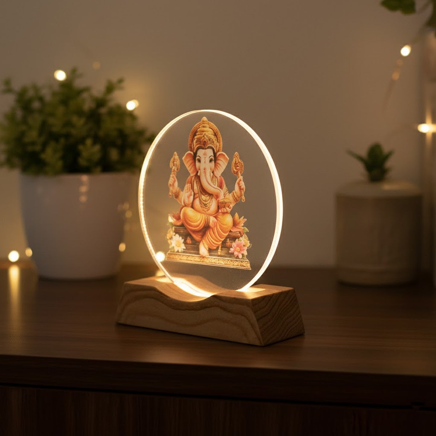 LED Acrylic Lord Ganesha Lamp Night Light for Home & Puja Room | 8.6 cm Height x 8.6 cm Base | 187 gm Lightweight Spiritual Decor