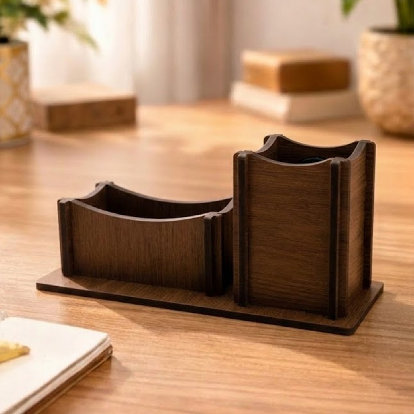 Wooden Desk Organizer with Clock | Premium Pen Stand & Office Table Organizer with Card Holder