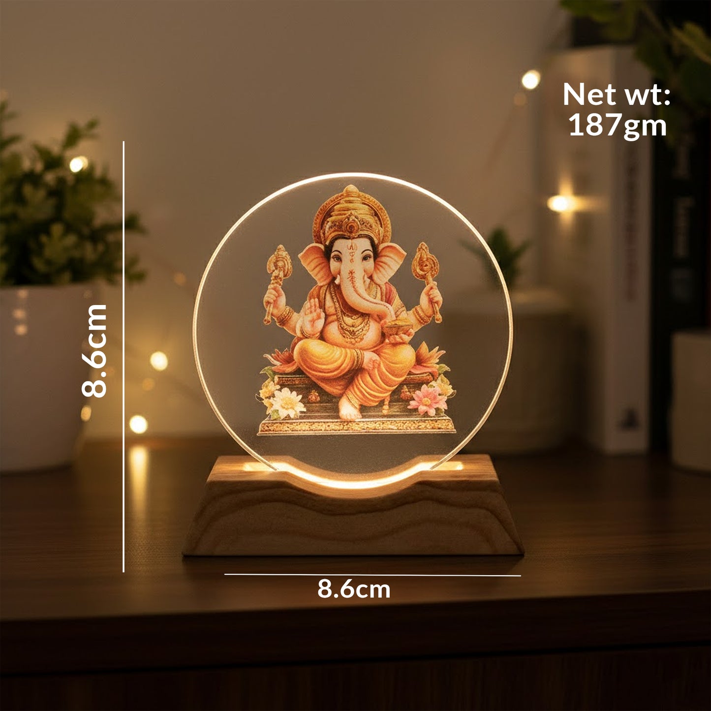 LED Acrylic Lord Ganesha Lamp Night Light for Home & Puja Room | 8.6 cm Height x 8.6 cm Base | 187 gm Lightweight Spiritual Decor