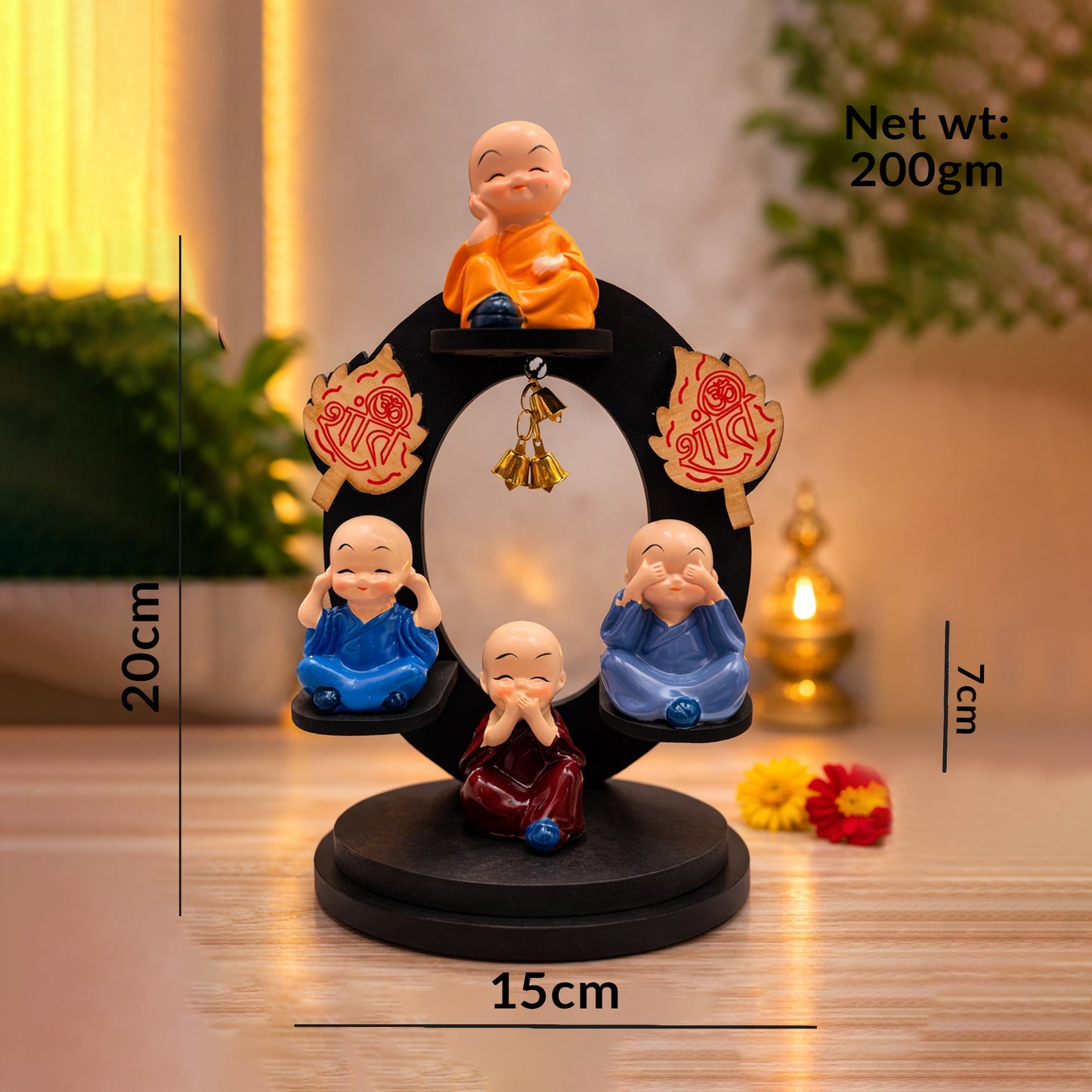 Rotating Peaceful Monk Showpiece with Bells | See No Evil Hear No Evil Speak No Evil Think No Evil | Premium Home Décor Gift