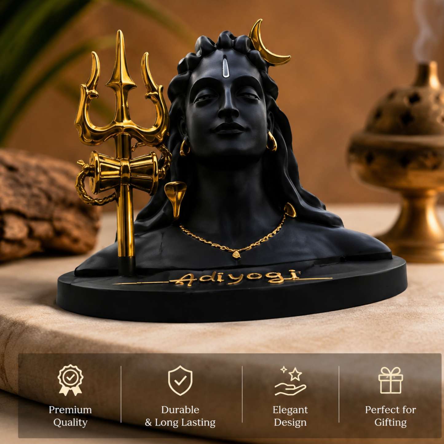 Premium Adiyogi Lord Shiva Idol with Golden Trishul | Modern Decorative Shiva Murti for Home, Car Dashboard, Office & Gift