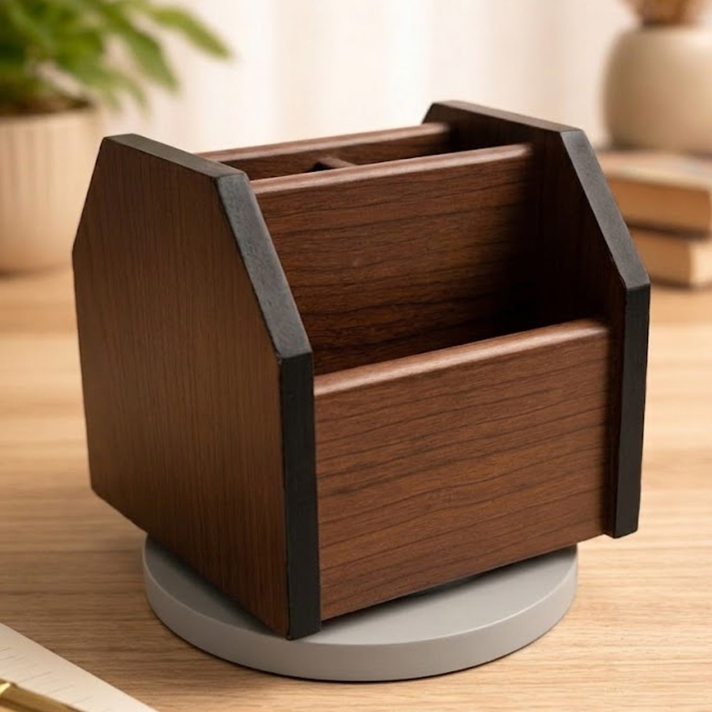 Wooden Desk Organizer with Clock | Premium Pen Stand & Office Table Organizer with Card Holder