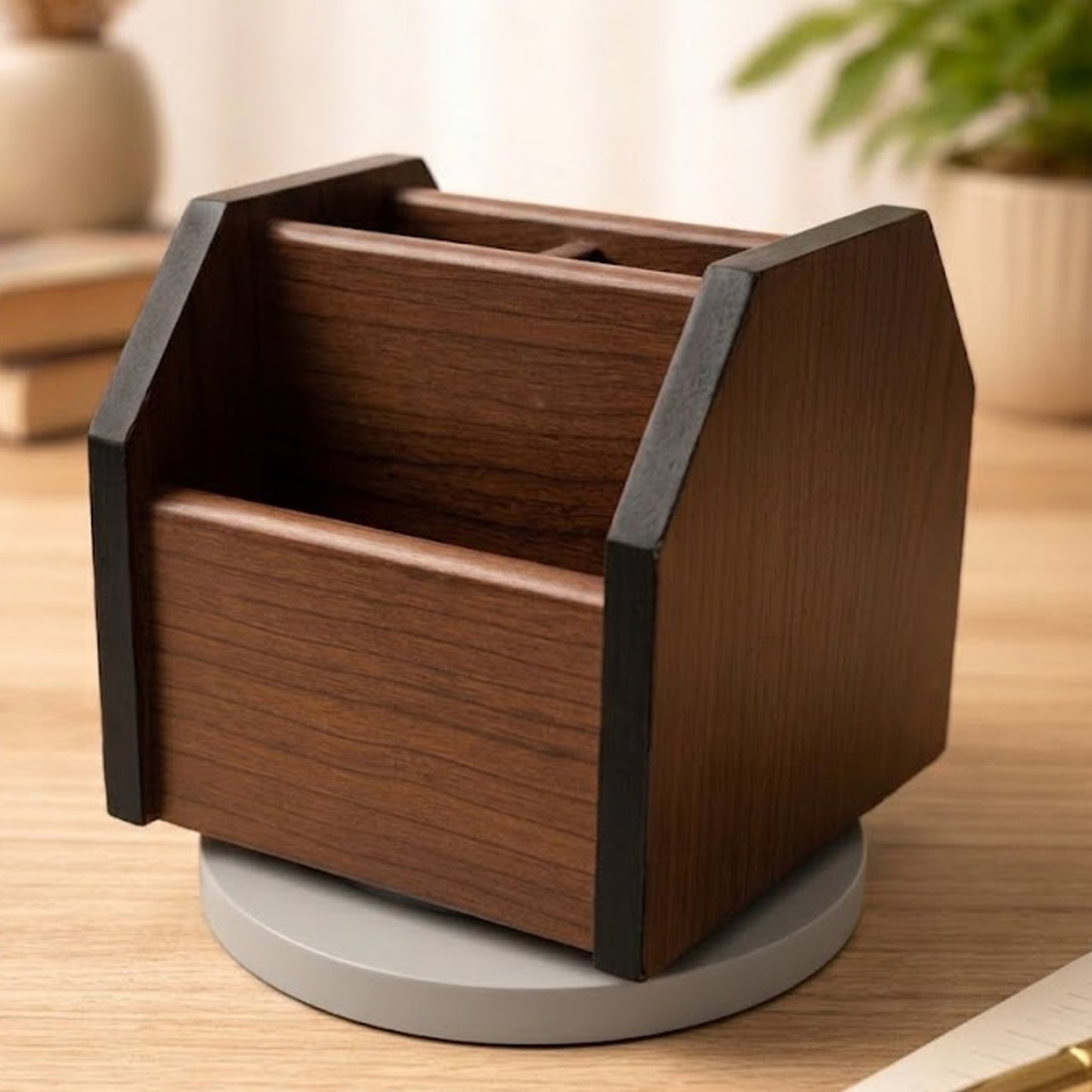 Wooden Desk Organizer with Clock | Premium Pen Stand & Office Table Organizer with Card Holder