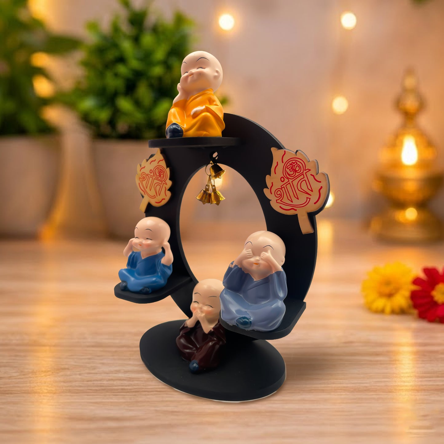 Rotating Peaceful Monk Showpiece with Bells | See No Evil Hear No Evil Speak No Evil Think No Evil | Premium Home Décor Gift