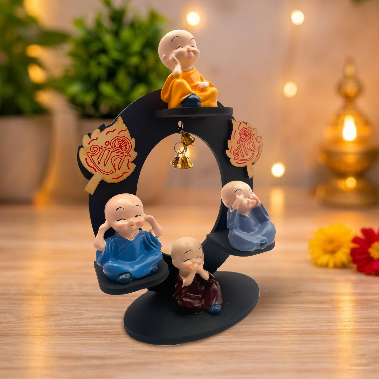 Rotating Peaceful Monk Showpiece with Bells | See No Evil Hear No Evil Speak No Evil Think No Evil | Premium Home Décor Gift