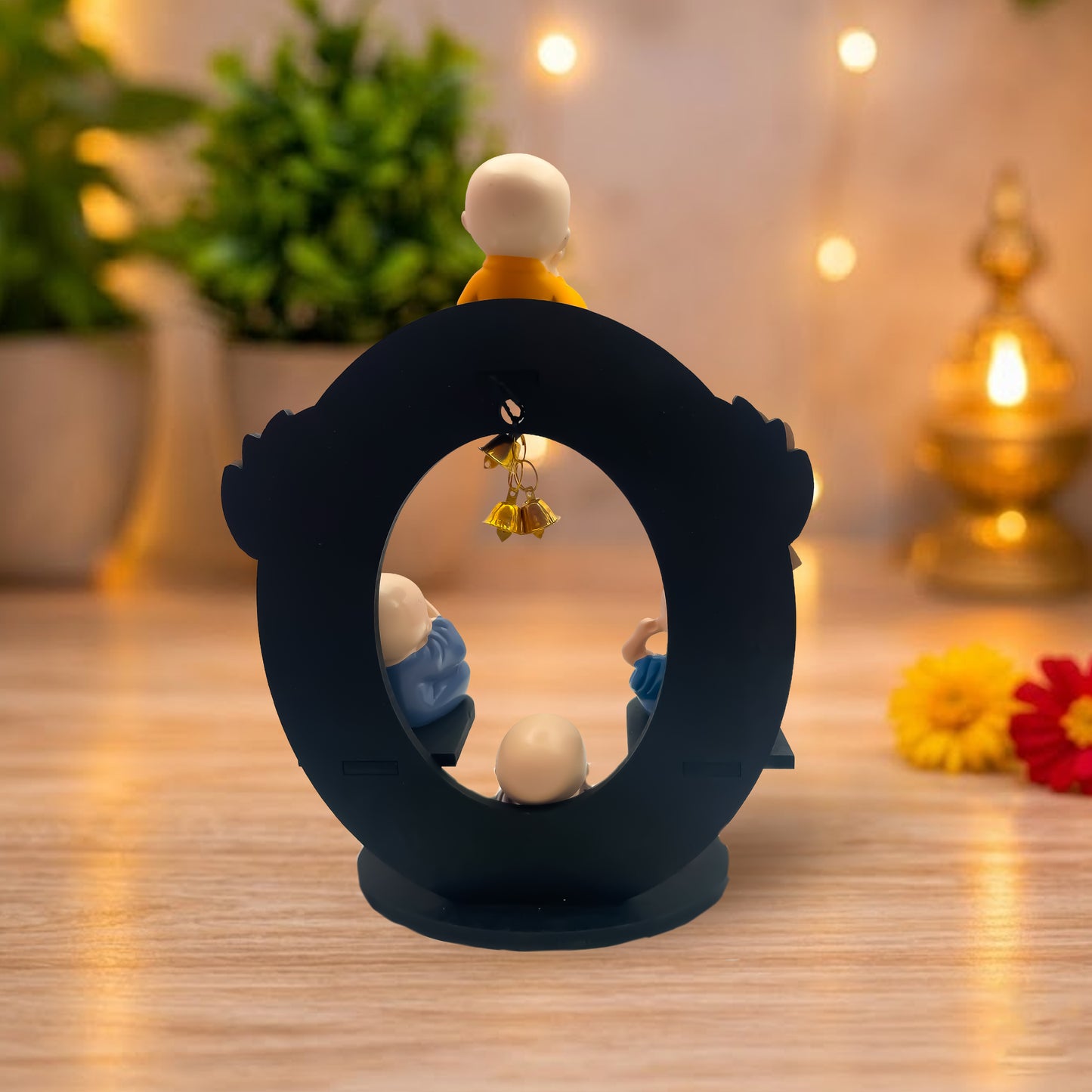 Rotating Peaceful Monk Showpiece with Bells | See No Evil Hear No Evil Speak No Evil Think No Evil | Premium Home Décor Gift