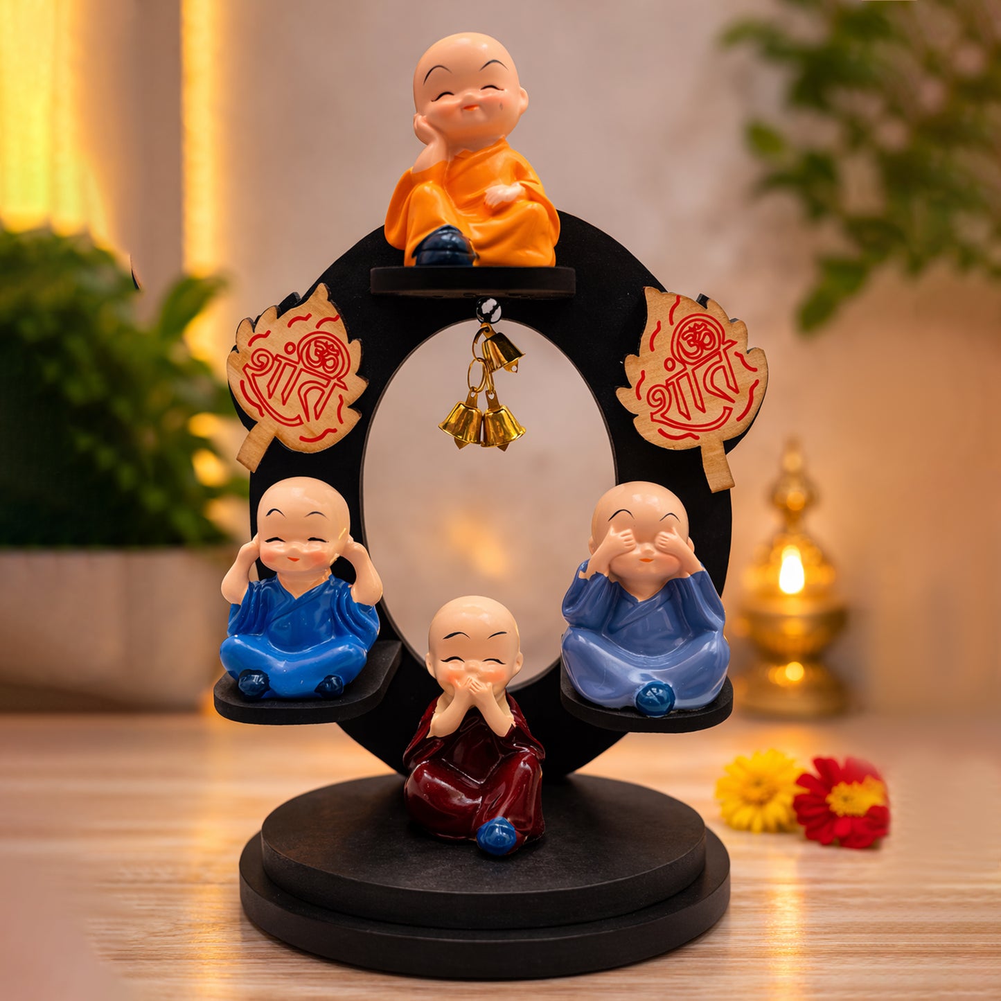 Rotating Peaceful Monk Showpiece with Bells | See No Evil Hear No Evil Speak No Evil Think No Evil | Premium Home Décor Gift