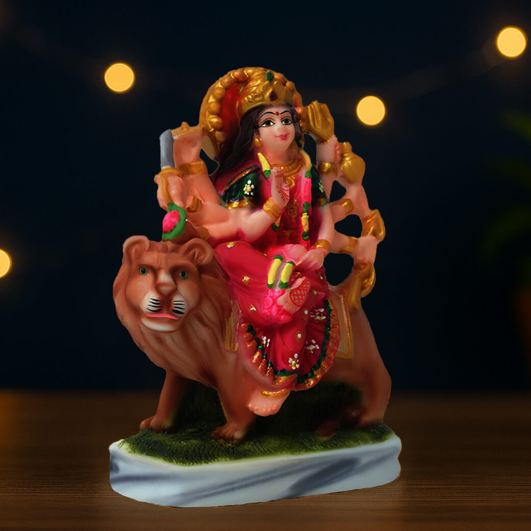 Marble Maa Durga Idol Red Color | Handcrafted Durga Mata Murti for Home Temple & Gift (10 cm x 8 cm, 180 gm)
