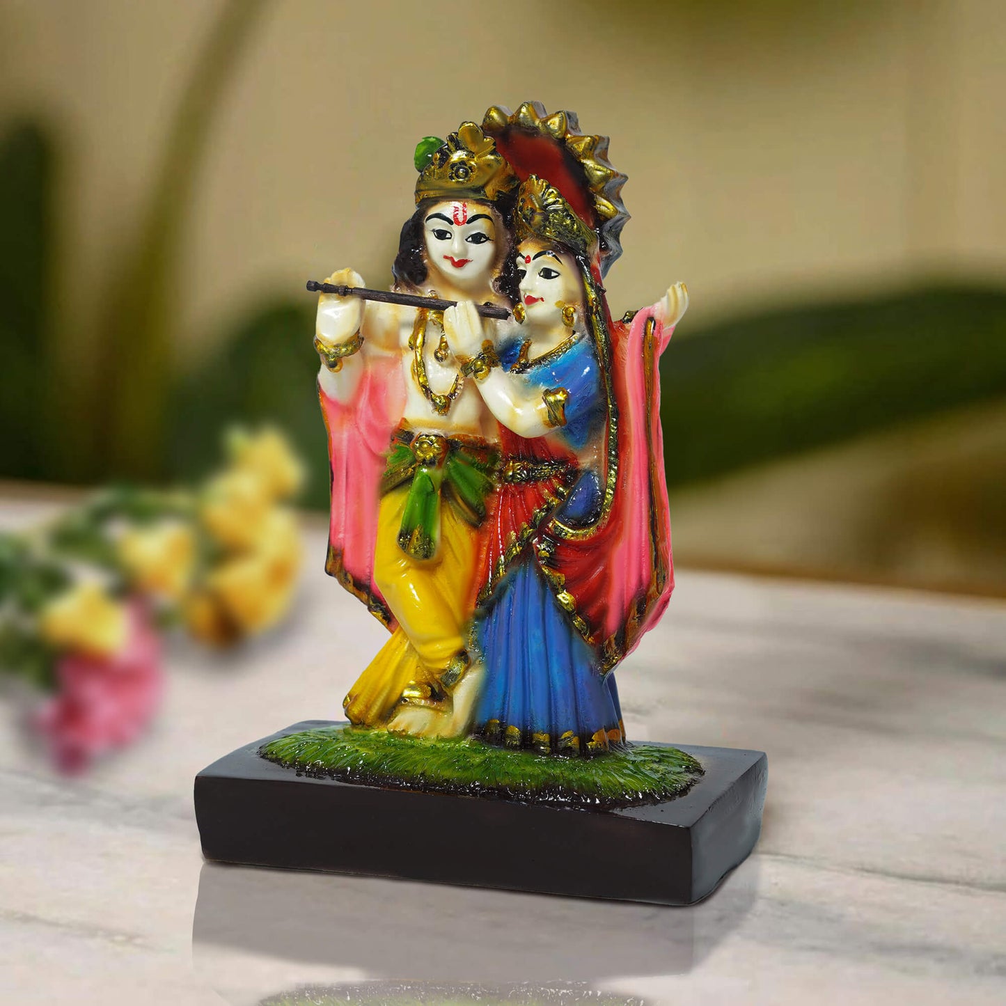 Marble Radha Krishna Idol Multicolor | Handcrafted Colourful Murti for Home Temple, Décor & Gift (16 cm, 320 gm)