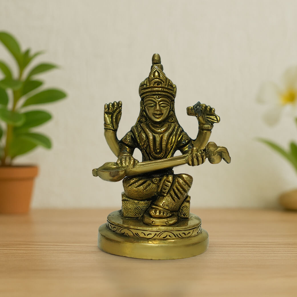 Brass idol of the Hindu goddess Saraswati