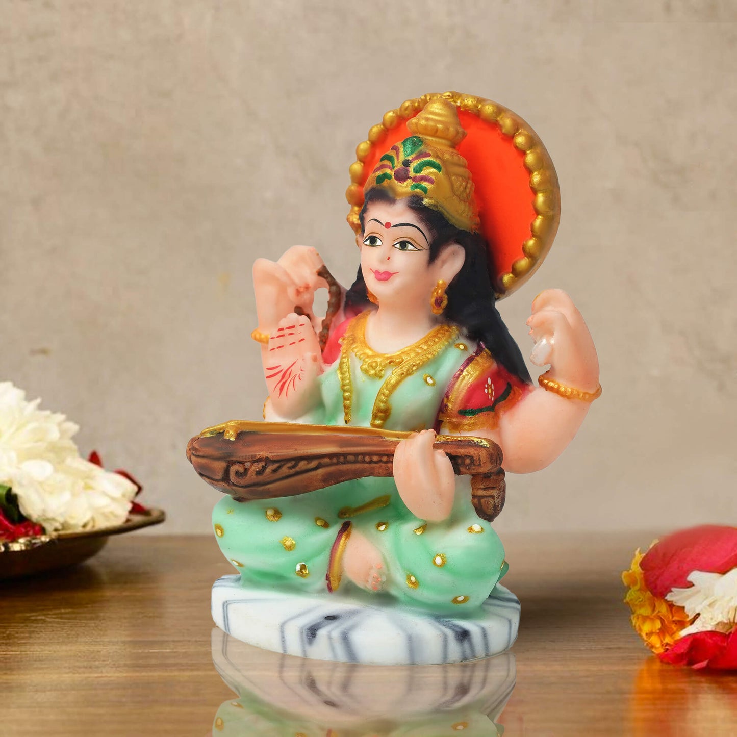 Saraswati Mata Idol for Study Table & Home Mandir – Goddess Saraswati Statue for Knowledge, Education & Spiritual Decor Gift (9.2 cm, 6.5 cm, 120 gm)