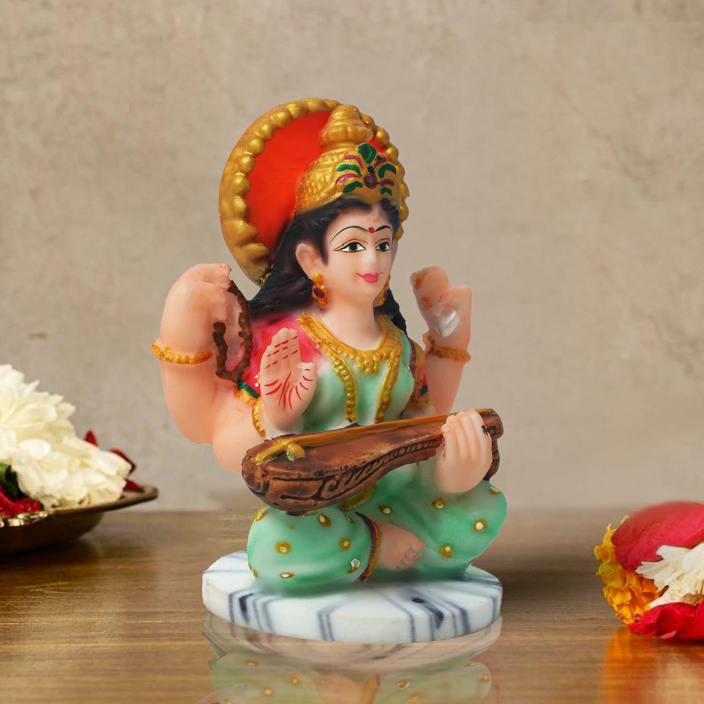 Saraswati Mata Idol for Study Table & Home Mandir – Goddess Saraswati Statue for Knowledge, Education & Spiritual Decor Gift (9.2 cm, 6.5 cm, 120 gm)