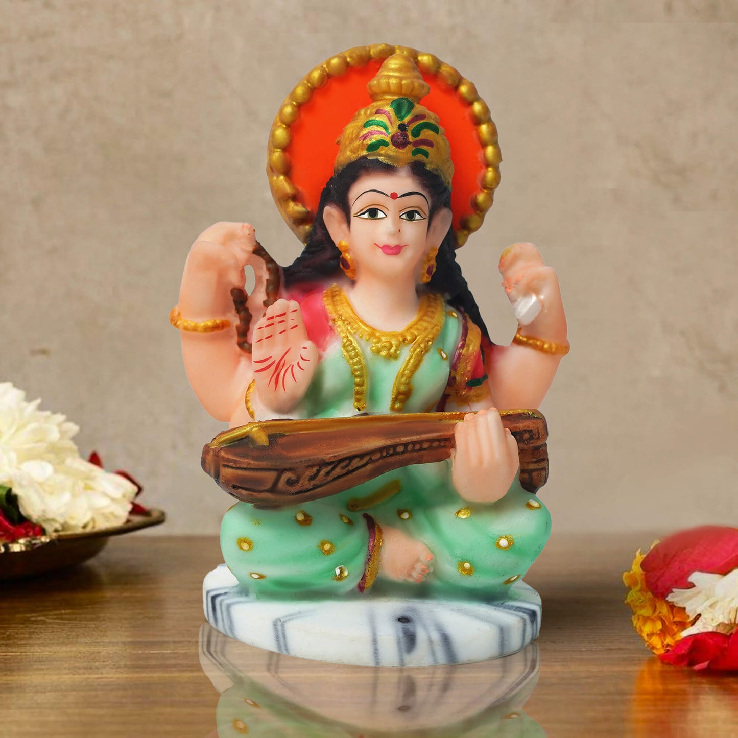 Saraswati Mata Idol for Study Table & Home Mandir – Goddess Saraswati Statue for Knowledge, Education & Spiritual Decor Gift (9.2 cm, 6.5 cm, 120 gm)